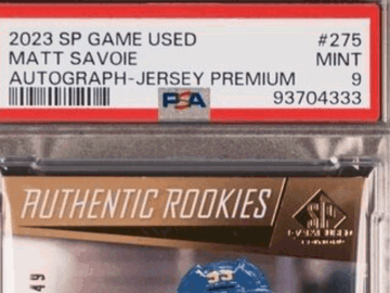Graded 2023-24 SP Game Used Matt Savoie Buffalo Sabres Trading Card #275 Autograph Jersey Premium PSA 9