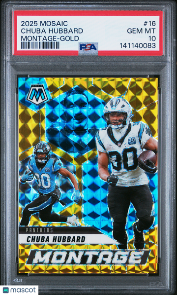 2025 Panini Mosaic Montage Chuba Hubbard #16 Gold /10 PSA 10