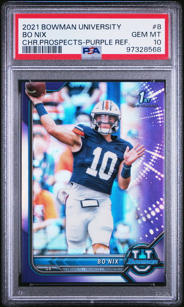 2021 BOWMAN UNIVERSITY BO NIX PROSPECTS PURPLE REFRACTOR #8 RC ROOKIE PSA 10
