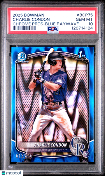 2025 Bowman Chrome Prospects Charlie Condon #BCP75 Blue Raywave 013/150 PSA 10