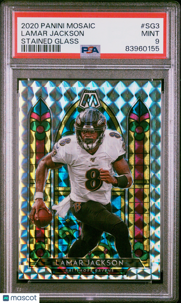 2020 Panini Mosaic Lamar Jackson #SG3 Stained Glass Short Print Parallel/Variety Insert PSA 9