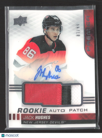 2020 Upper Deck Premier Jack Hughes #AR-JH /99 Rookie Auto Patch Memorabilia