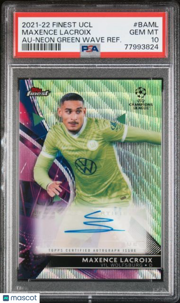 2021-2022 Topps Finest UEFA Champions League Autographs Maxence Lacroix #BAML Neon Green Wave Refractor PSA 10