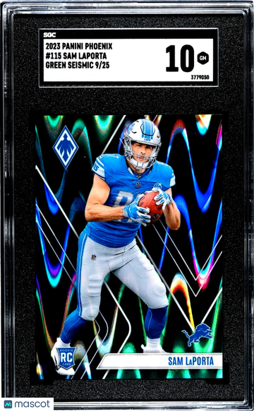 Graded 2023 Panini Phoenix Sam LaPorta Lions #115 Green Seismic Rookie SGC 10 Football Card