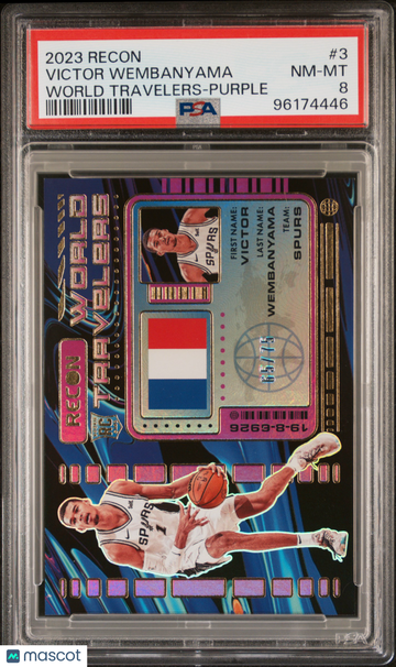 2023 Panini Recon World Travelers Victor Wembanyama #3 Purple /75 PSA 8