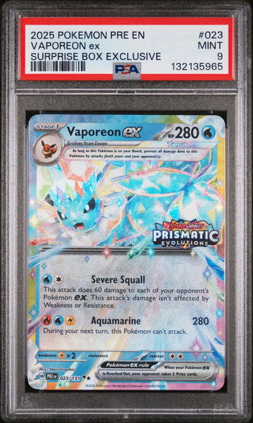 2025 Pokemon Prismatic Evolutions Promo Surprise Box Exclusive Vaporeon Ex #23 PSA 9