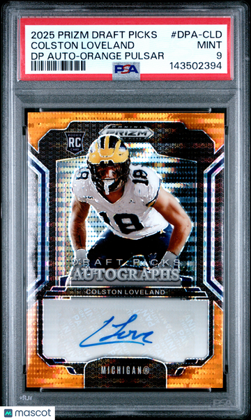 2025 Panini Prizm Draft Picks Draft Picks Autographs Colston Loveland #DPA-CLD DP Orange Pulsar /35 PSA 9