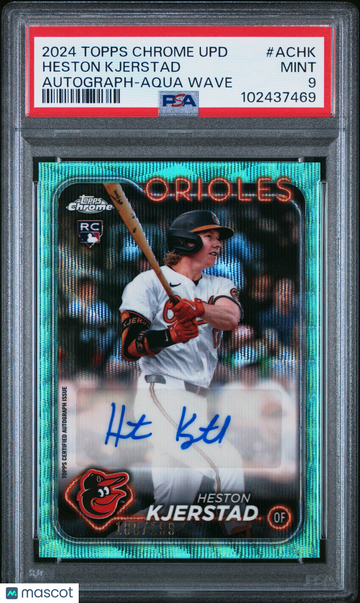 2024 Topps Chrome Update Chrome Baseball Update Series Autographs Heston Kjerstad #ACHK Aqua Wave /199 PSA 9