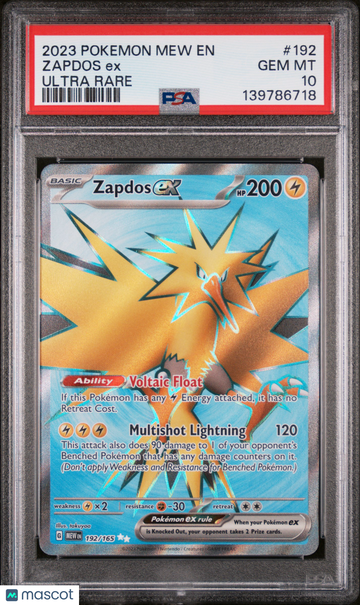 2023 Pokemon Mew EN-151 Zapdos EX Ultra Rare PSA 10 #192
