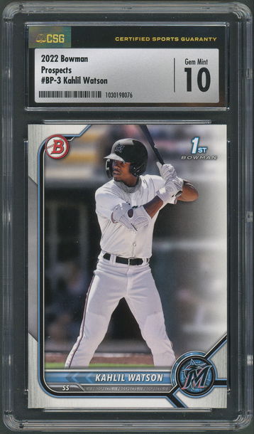 2022 Bowman Prospects Kahlil Watson RC #BP-3 Seattle Mariners -CSG Gem Mint 10