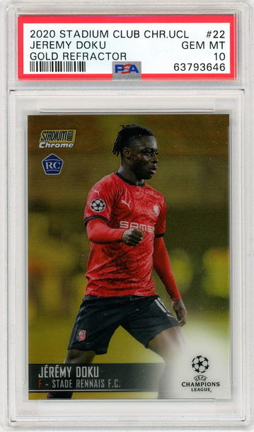 2020 Stadium Club Chrome UCL Jeremy Doku rookie Gold Refractor #'d 8/50