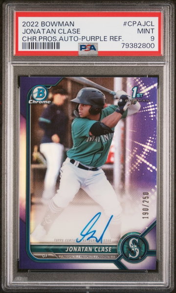 2022 Bowman Chrome Prospect Autograph Purple Refractor Jonatan Clase #CPAJCL /250 PSA 9