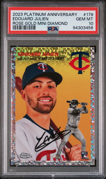 2023 Topps Chrome Platinum Anniversary Edouard Julien #179 RC Rose Gold /75 PSA 10
