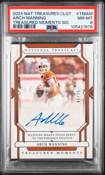 2024 Panini National Treasures Collegiate Treasured Moments Signatures Arch Manning #TMAM /25 PSA 8