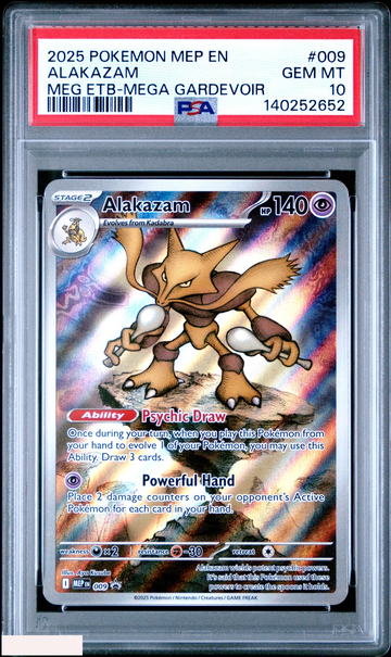 2025 POKEMON MEP EN BLACK STAR PROMO ALAKAZAM #009 MEG ETB MEGA GARDEVOIR PSA 10