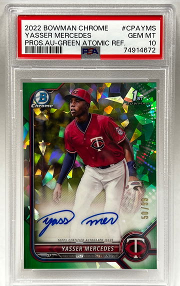 2022 Bowman Chrome Prospects Yasser Mercedes Green Atomic Refractor Auto /99 PSA 10