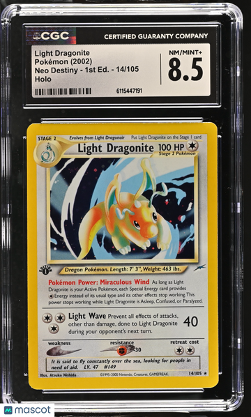 2002 Pokemon Neo Destiny Light Dragonite Holo 1st Edition CGC 8.5 #14/105