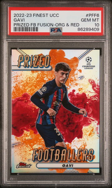 2022-23 TOPPS FINEST UEFA UCL PRIZED GAVI ORANGE & RED FUSION #PFF6 PSA 10