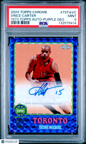 Graded PSA 9 Vince Carter Auto 2024-25 Topps Chrome 73TA-VC Purple Geometric Refractor Raptors