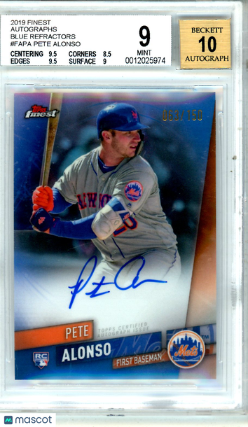 2019 Finest Autographs Blue Refractors Pete Alonso #FAPA /150 Rookie BGS 9 Auto 10