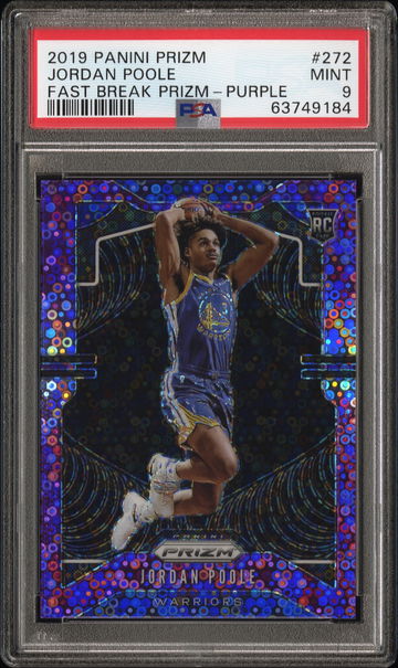 JORDAN POOLE 2019 PANINI PRIZM FAST BREAK PURPLE #272 /75 PSA 9