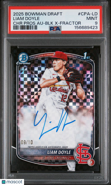 2025 Bowman Draft Chrome Prospect Autographs Liam Doyle #CPA-LD BLK X Fractor /10 PSA 9