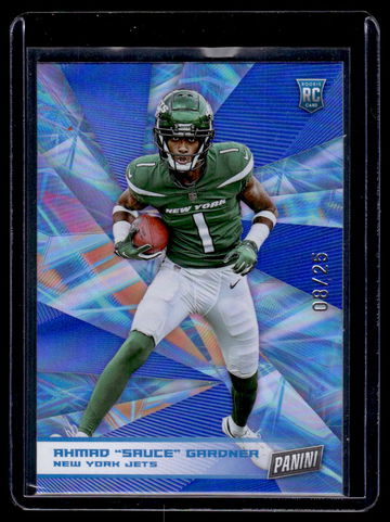 Ahmad Sauce Gardner 2022 Panini Player of the Day Blue Rainbow Foil /25