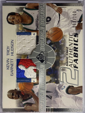 KEVIN GARNETT & TROY HUDSON 2003 SP GAME USED FABRICS DUAL PATCH #KG/TH-J