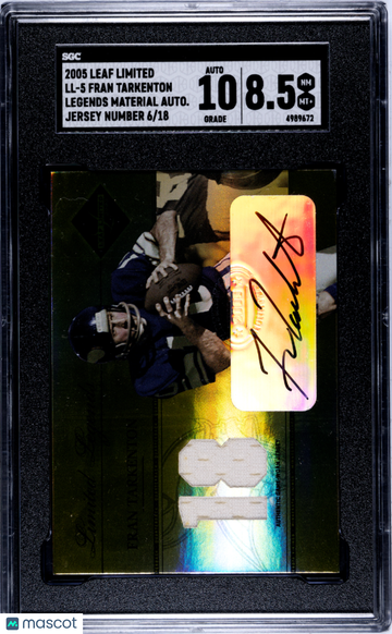 2005 Leaf Limited Fran Tarkenton #LL-5 Legends Mat. Autograph Jersey Number SGC 8.5 Auto 10