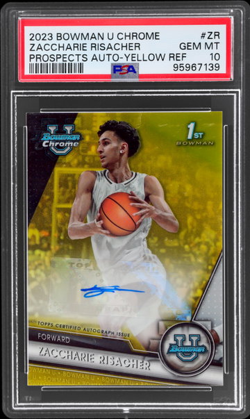 2023 Bowman University Chrome Zaccharie Risacher Prospect Autograph Yellow Refractor PSA 10
