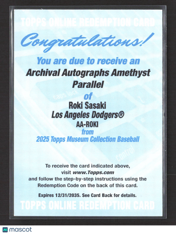 2025 Topps Museum Collection Baseball Roki Sasaki #AA-ROKI Archival Autographs Amethyst Parallel Redemption