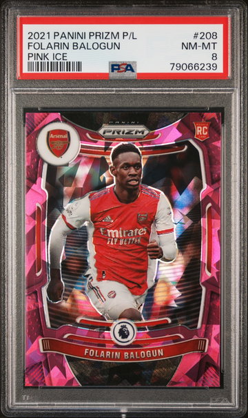 2021 PANINI PRIZM PREMIER LEAGUE FOLARIN BALOGUN PINK ICE #208 RC ROOKIE PSA 8