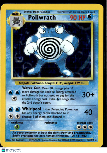 1999 Base Set Poliwrath Holo Rare #13/102