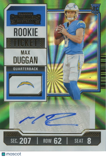 Max Duggan 2023 Panini Contenders Rookie Auto Green Panini Authentic Los Angeles Chargers