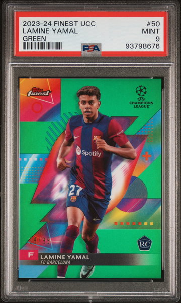2023-24 TOPPS FINEST UEFA UCC LAMINE YAMAL /99 GREEN #50 RC ROOKIE PSA 9