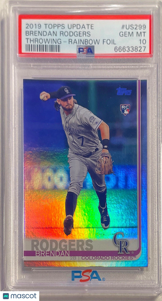 2019 Topps Update Brendan Rodgers #US299 Throwing Rainbow Foil PSA 10
