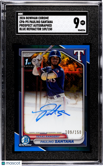 2024 Bowman Chrome Paulino Santana #CPA-PS Pros. Autograph Blue Refractor SGC 9