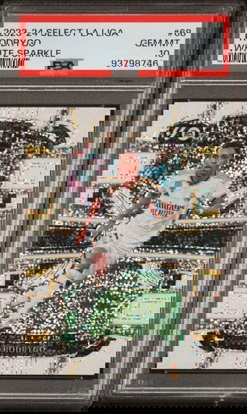 2023-24 Panini Select La Liga Rodrygo #68 White Sparkle Prizm PSA 10