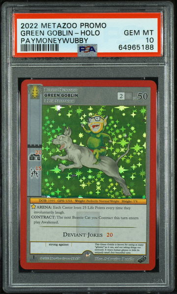 💎🤑 2022 Metazoo Promo GREEN GOBLIN 😈-FULL HOLO PAYMONEYWUBBY 💵🌲 PSA 10 🦋