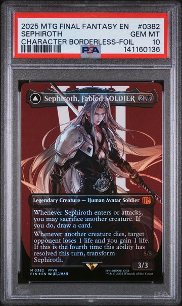 2025 Magic the Gathering Final Fantasy Character Borderless-Foil Sephiroth, Fabled Soldier/Sephiroth, One-Winged Angel #0382 PSA 10
