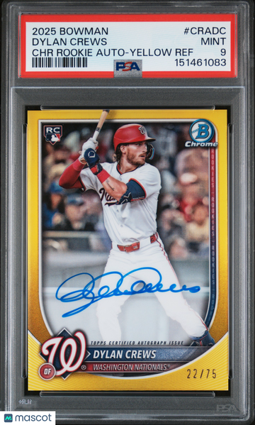 2025 Bowman Chrome Rookie Autographs Dylan Crews #CRADC Yellow Ref /75 PSA 9