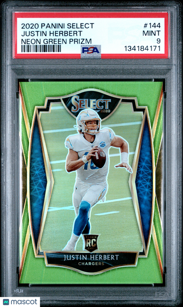 2020 Panini Select Justin Herbert #144 Neon Green Prizm /49 Rookie PSA 9