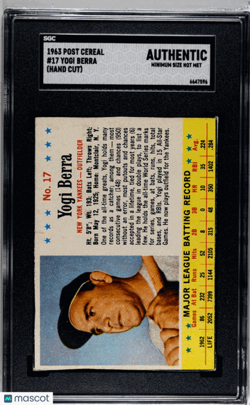 1963 Post Cereal Yogi Berra #17 Min Size Not Met SGC A