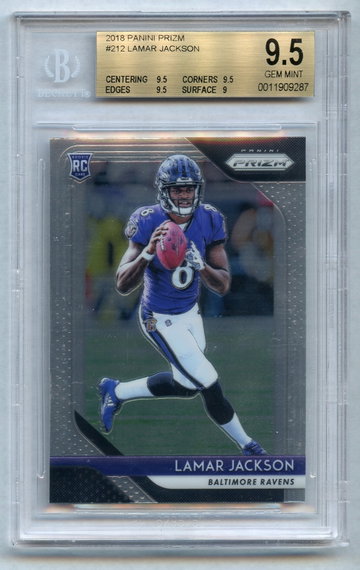 LAMAR JACKSON 2018 PANINI PRIZM #212 Rookie BGS 9.5 Gem Mint Baltimore Ravens