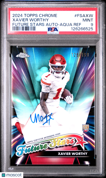 2024 Topps Chrome Future Stars Autographs Xavier Worthy #FSAXW Aqua Ref /199 Rookie PSA 9