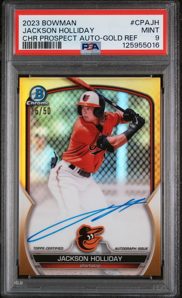 2023 Bowman Chrome Prospect Autograph Gold Refractor Jackson Holliday #CPAJH /50 PSA 9