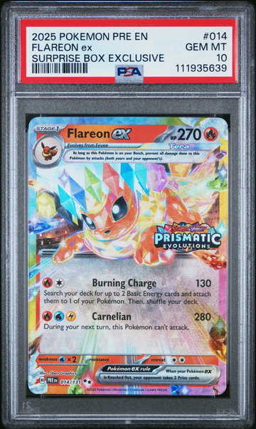 2025 Pokemon Scarlet and Violet Prismatic Evolutions Surprise Box Exclusive Flareon Ex #14 PSA 10