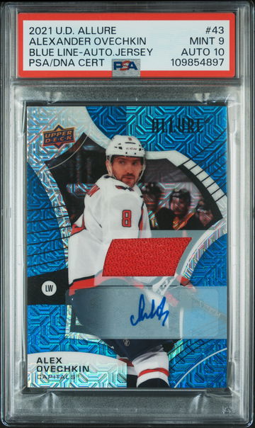 2021 Upper Deck Allure Blue Line Alex Ovechkin #43 Auto Jersey /25 PSA 9 Auto 10