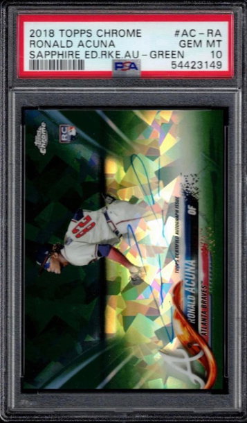 RONALD ACUNA JR. 2018 TOPPS CHROME SAPPHIRE EDITION GREEN ON CARD AUTO /50 PSA 10. HARD GRADE
