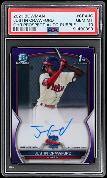 2023 Bowman Chrome Justin Crawford Prospect Autograph Purple Refractor PSA 10